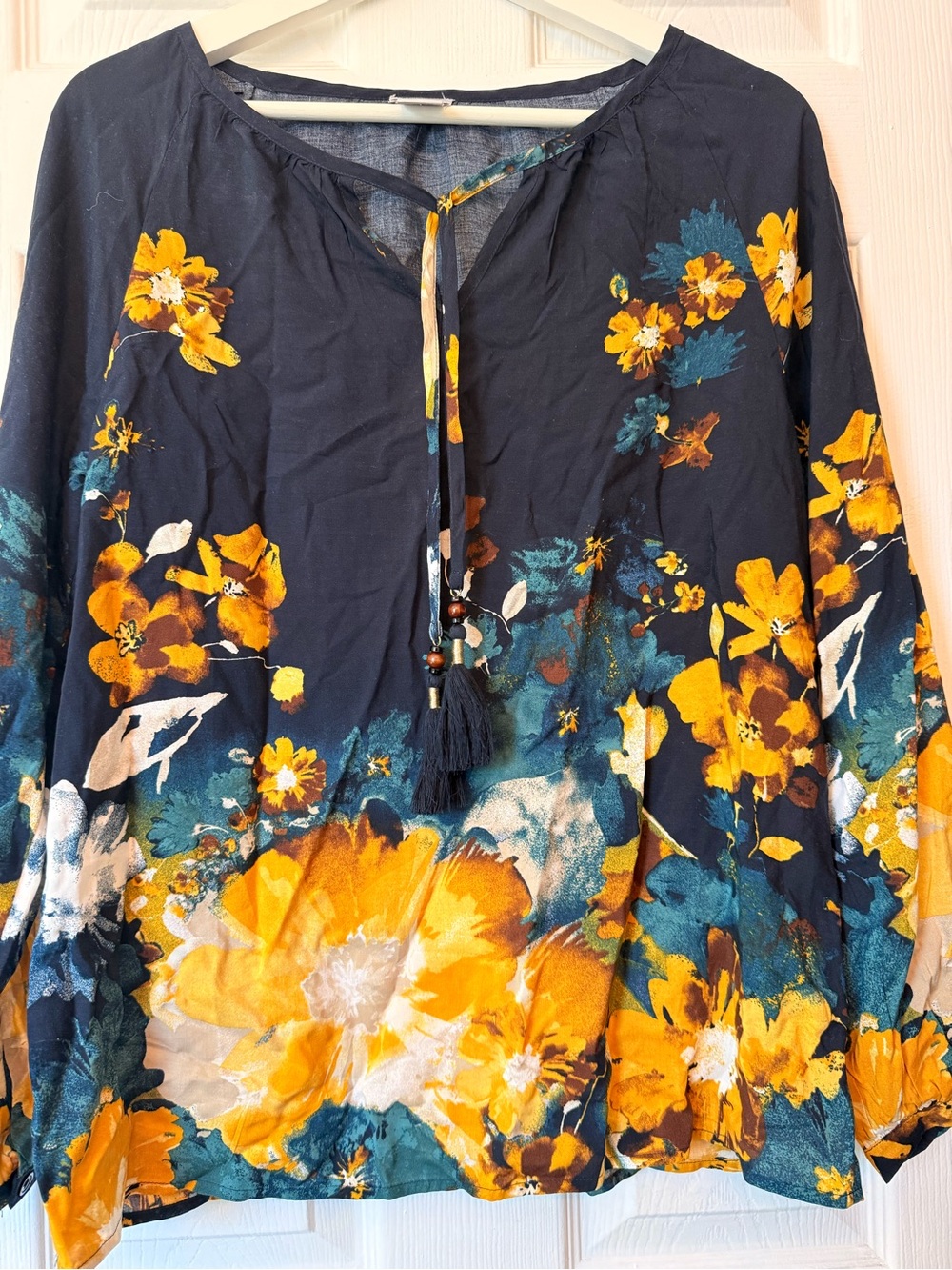 CHICO’S Blue W/ Yellow Florals Long Sleeve Tassle Neckline Size US 4/6 Used